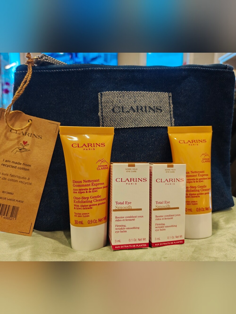 New Clarins One-Step Gentle Exfoliating Cleanser & Total Eye Smooth Duo With Bag